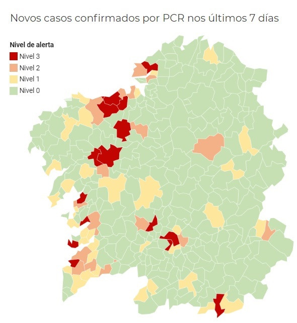 Mapa de la incidencia del coronavirus en los municipios gallegos en los últimos siete días, actualizado a 19 de octubre de 2020.