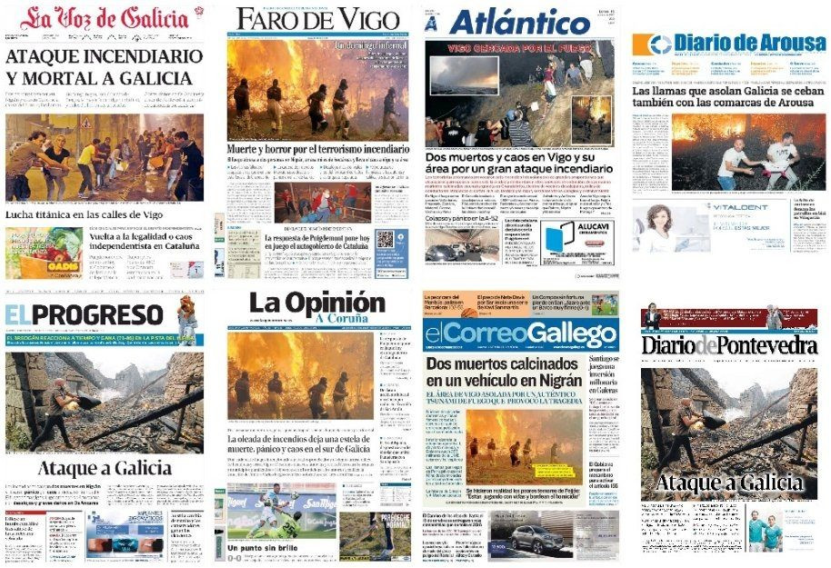 Collage de prensa en Galicia durante la gran ola de incendios realizado por Axarquu00eda
