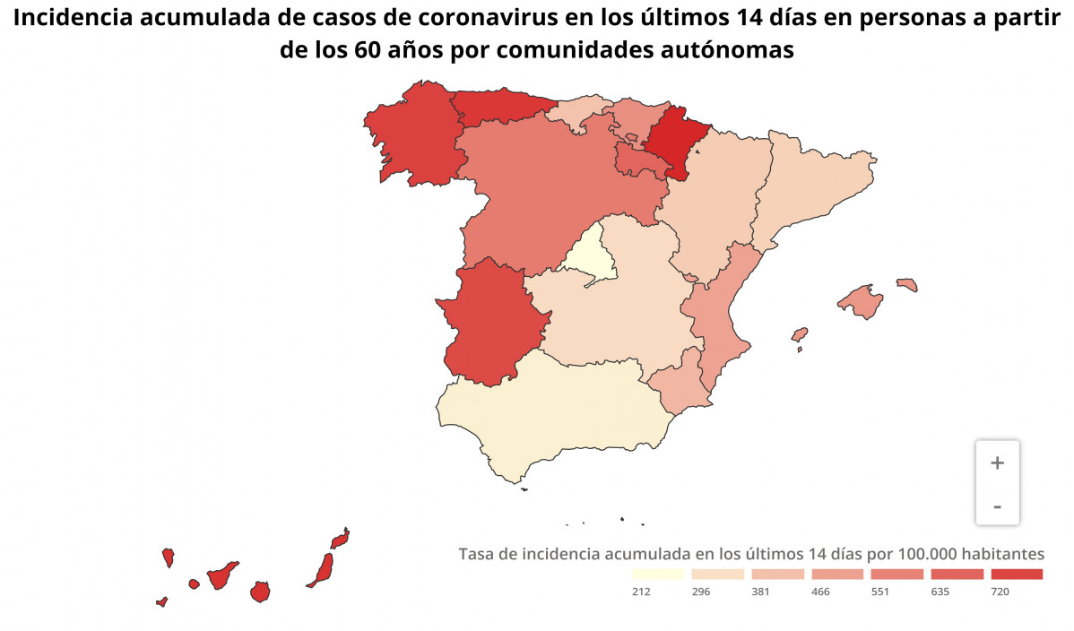 Incidencia acumulada de casos de coronavirus en los ultimos 14 dias en personas a partir de los 60 au00f1os por comunidades autonomas