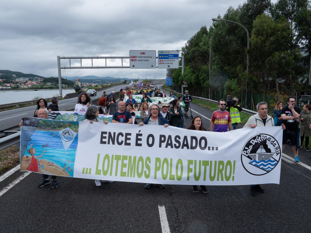 Un grupo de personas de Pontevedra marcha de camino a la sede de la fábrica de Ence en Lourizán en la 'Marcha contra celulosas' organizada por la Asociación Pola Defensa da Ría.
