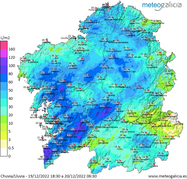 Mapa de lluvias acumuladas en Galicia desde las seis y medias del lunes hasta primera hora de la mau00f1ana del martes