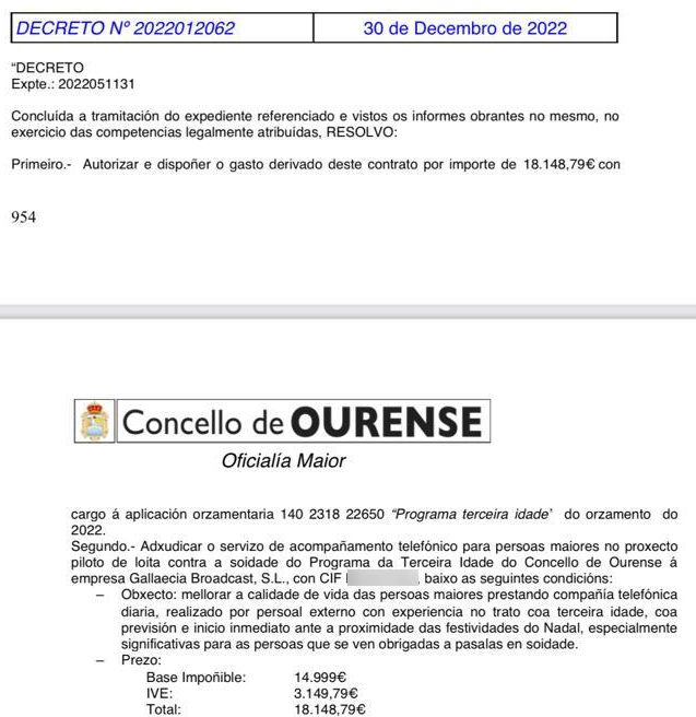 Extracto del decreto de adjudicaciu00f3n del contrato de acompau00f1amiento telefonoico a mayores del ayuntamiento de Ourense