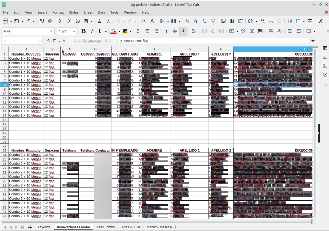 Captura de pantalla de una base de datos de trabajadores de Inditex  clientes con conexiones de R publicada en la Dark Web y censurada por Galiciapress