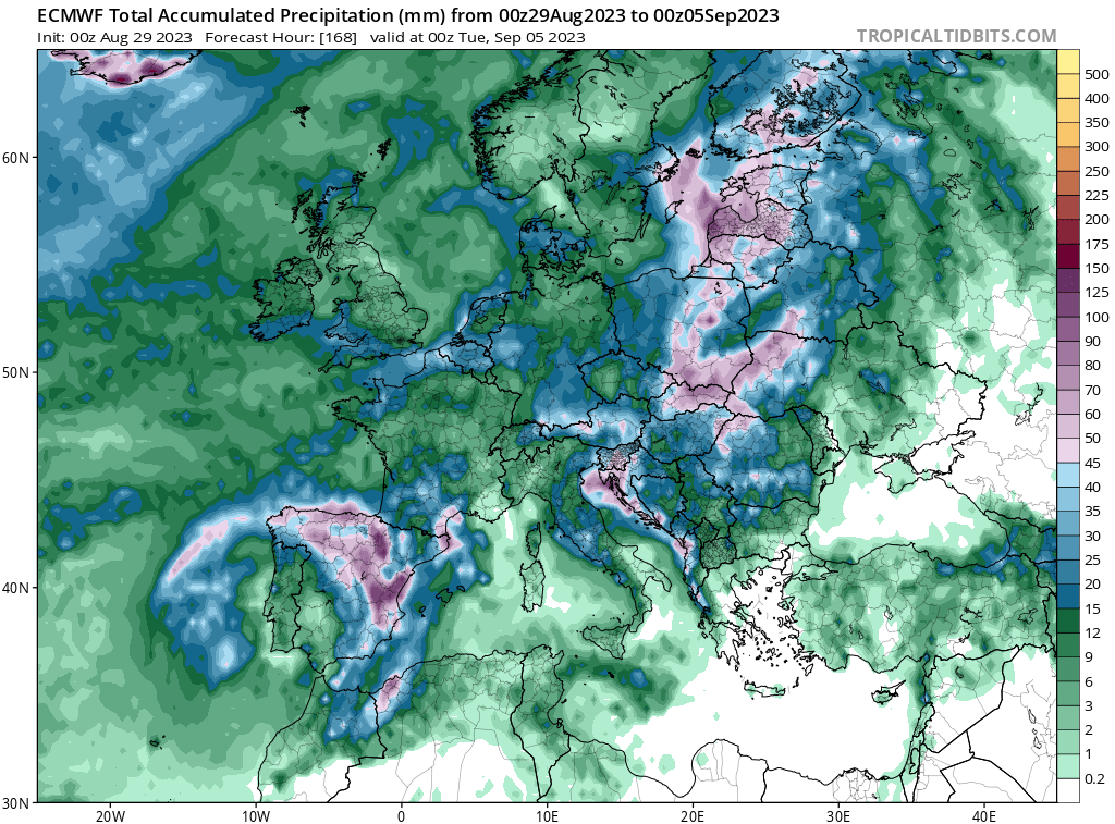 Prediciu00f3n de lluvias del modelo europeo ECMWF para el inicio de la pru00f3xima semana