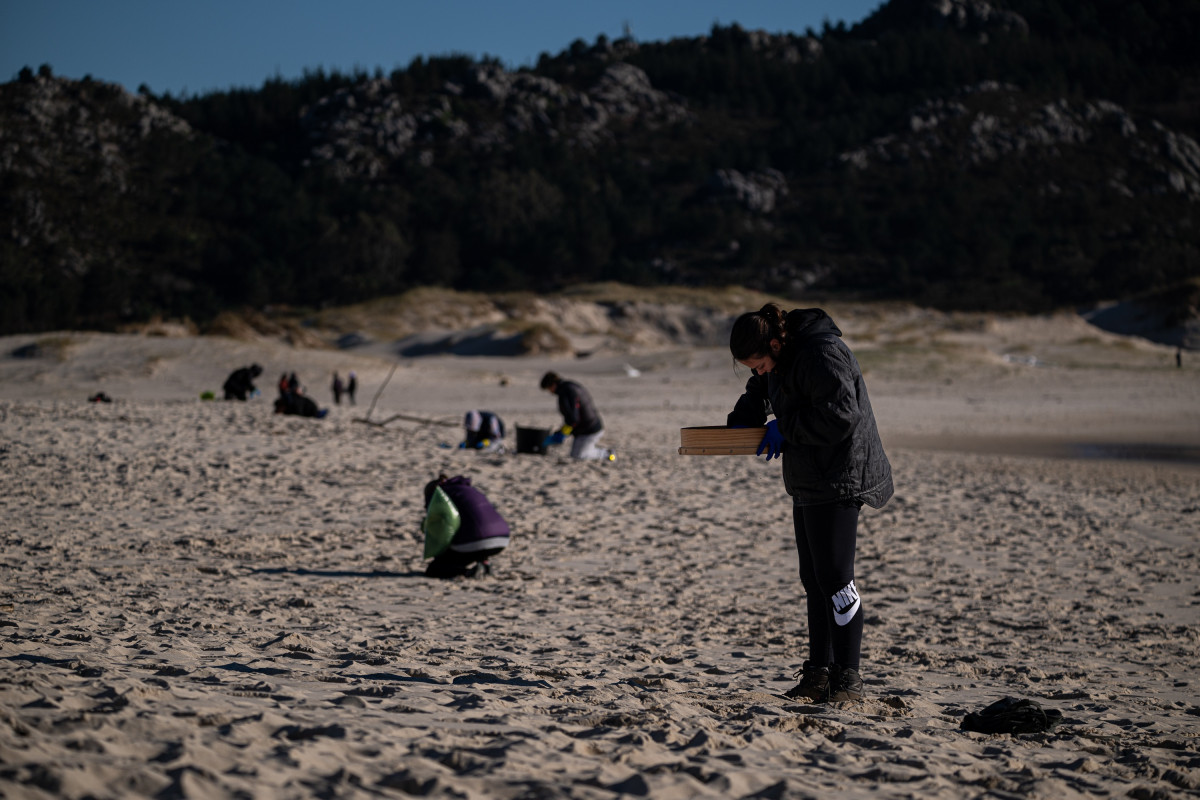 Voluntarios participan en la recogida de pellets de plástico en una playa de Muros (A Coruña).
