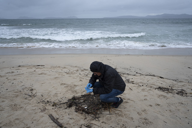 Un voluntario recoge pellets en la playa de Samil, a 10 de enero de 2024, en Vigo, Pontevedra, Galicia.