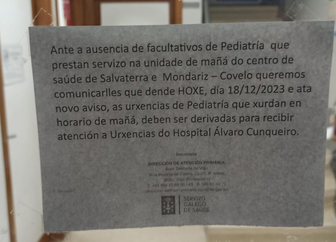 Cartel del SERGAS advirtiendo de la falta de pediatras en Salvaterra y Mondariz en diciembre en una imagen del Facebook de Manuel Rodru00edguez