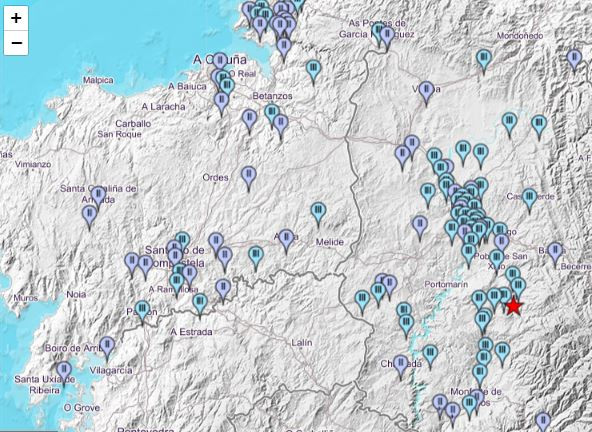 Lugares donde se ha dejado sentir el terremoto segu00fan un mapa del IGN