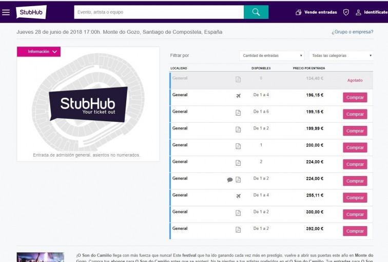 Varias webs se llenan de reventas de abonos para 'O Son do Camiño' a precios desorbitados