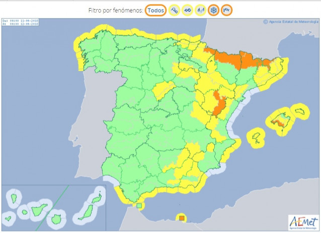 Mapa de riesgos meteorológicos previstos para el 11 de abril en España