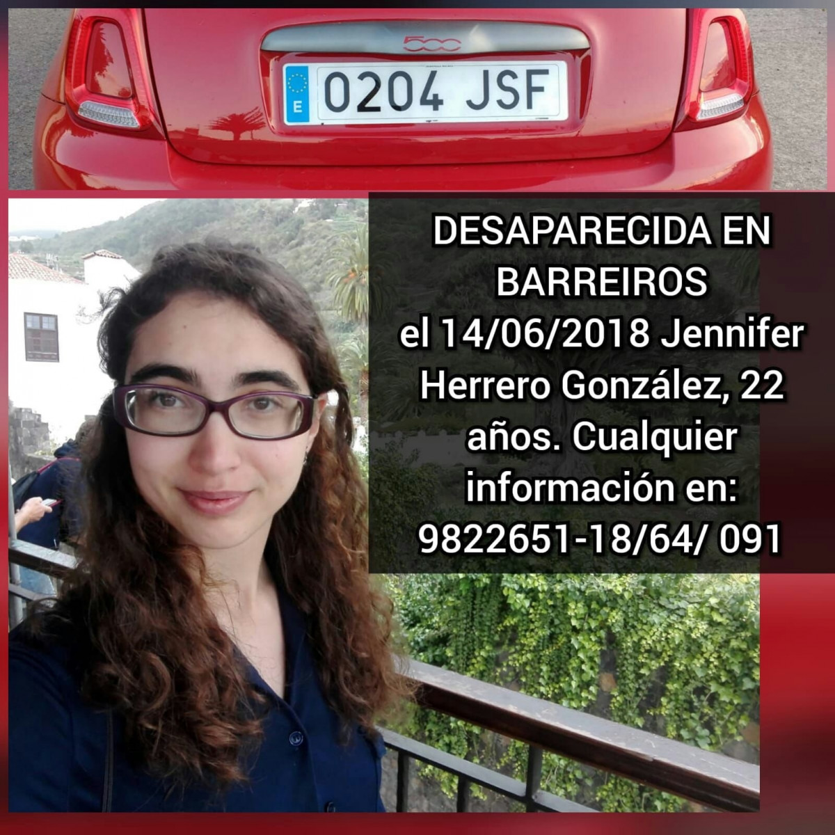 Cartel de una joven desaprecida en Barreiros difundido por la familia en redes.