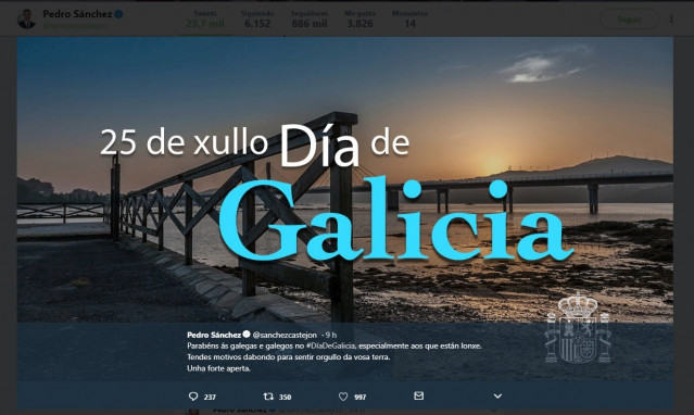 Captura del tweet en gallego de Pedro Sánchez