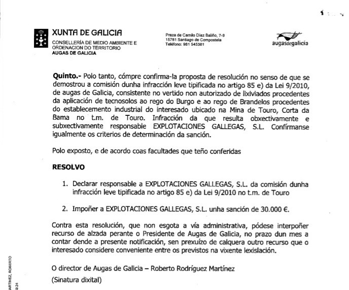 Resoluciu00f3n expediente sancionador Augas de Galicia   minera de Touro   Explotaciones Gallegas