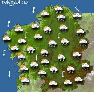 Mapa meteorológico para el sábado 6 de octubre por la tarde en Galicia.