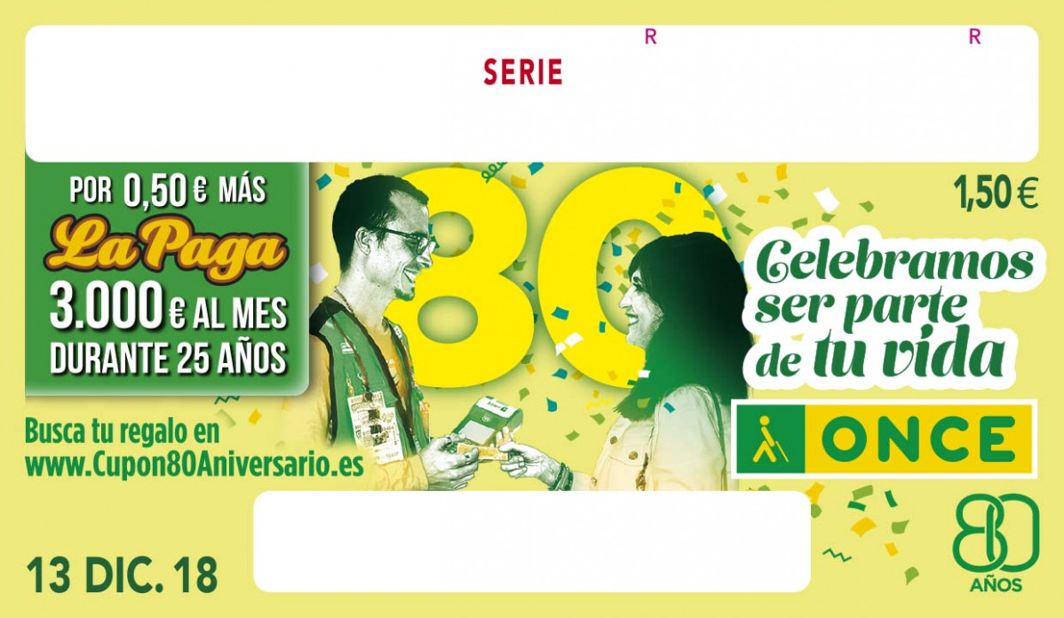 Uno de los cupones del sorteo que celebra los 80 au00f1os de la ONCE