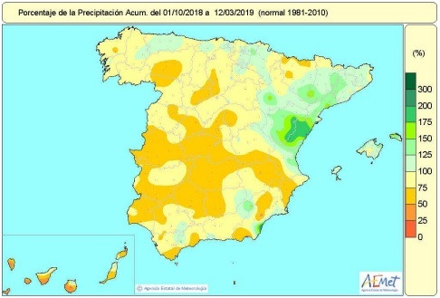 La falta de lluvias acumuladas desde octubre en España se mantiene en un 14%