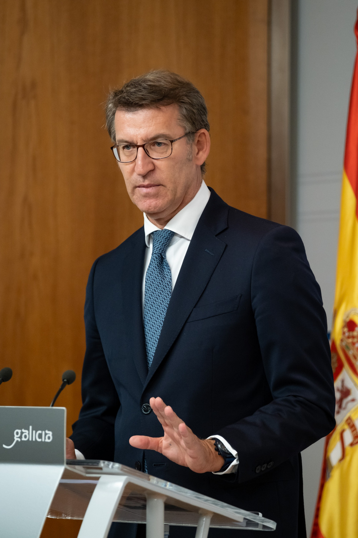 El presidente de la Xunta, alberto Núñez Feijóo, en rueda de prensa del Consello