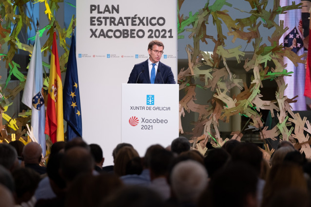 Alberto Núñez Feijóo durante su intervención en la presentación del Plan Estratégico del Xacobeo 2021.