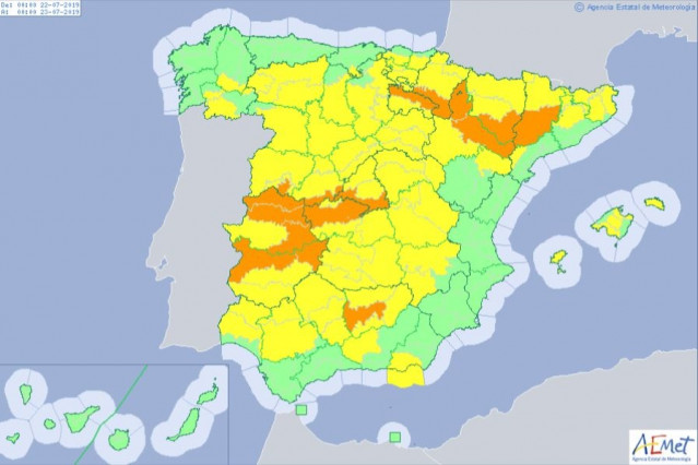 Mapa de las alertas por altas temperaturas de la Aemet.