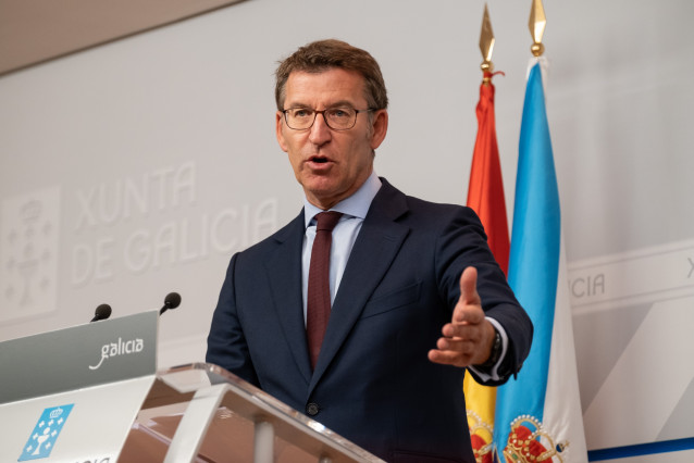 El presidente de la Xunta, Alberto Núñez Feijóo, en la rueda de prensa del Consello.