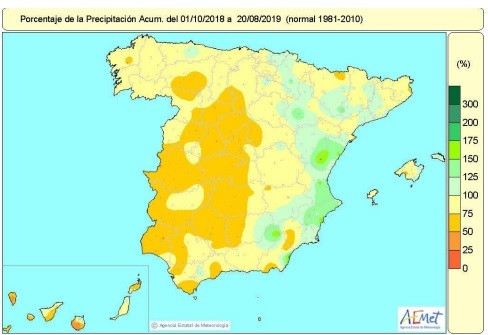 La falta de lluvias acumulada en el conjunto de España es del 16% pero en la mayor parte de España supera el 25%