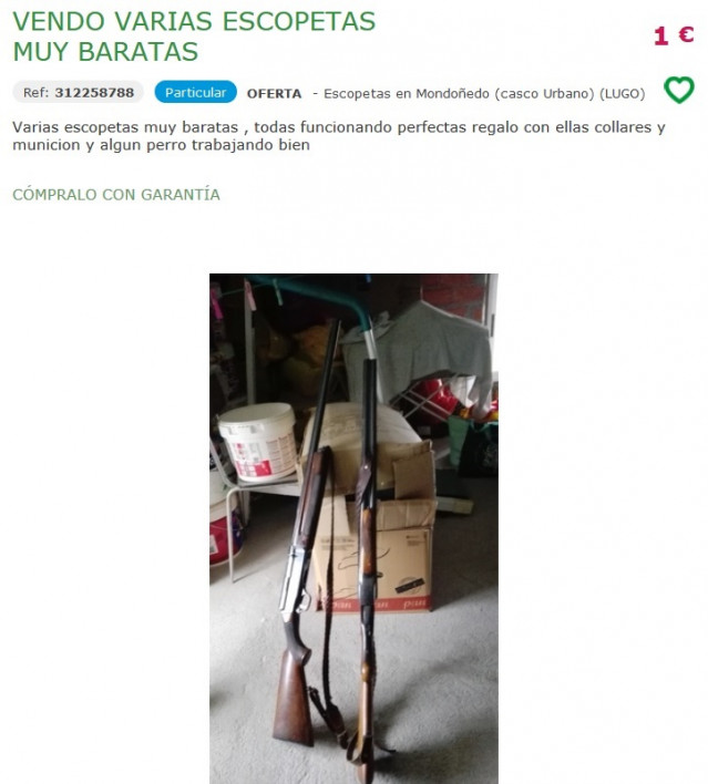 Anuncio en Internet sobre armas de caza con munición que también ofrece un perro.