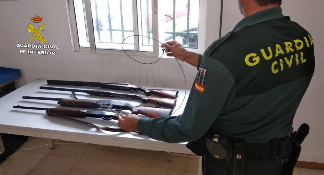 Lazo metálico y armas intervenidas a un vecino de Gondomar (Pontevedra) investigado por la muerte de la perra de su vecino.