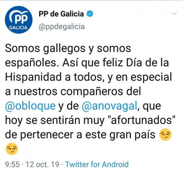 Tuit publicado por el PPdeG en el que felicita el 12 de octubre a BNG y Anova