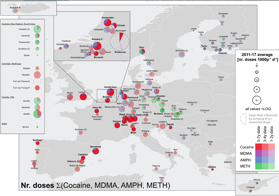 Mapa del nu00famero de dosis de cuatro de tipos de drogas encontradas en las aguas residuales de diferentes ciudades