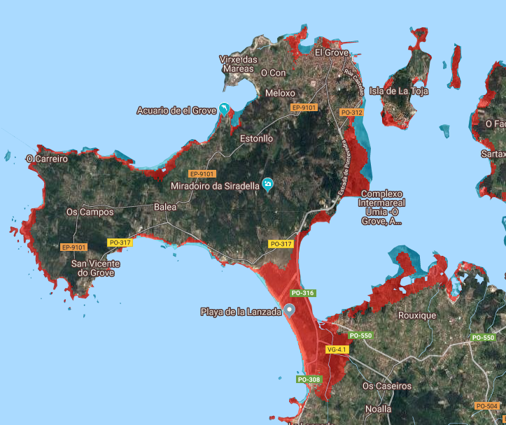 O grove a lanzada  inundada cambio climático en imagen de Climate Central