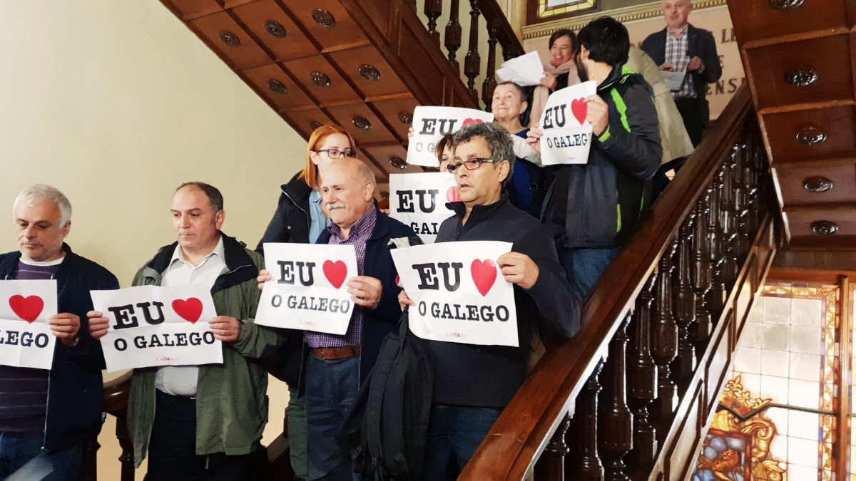 Activistas de A Mesa pola Normalizaciu00f3n en el ayuntamiento de Ourense