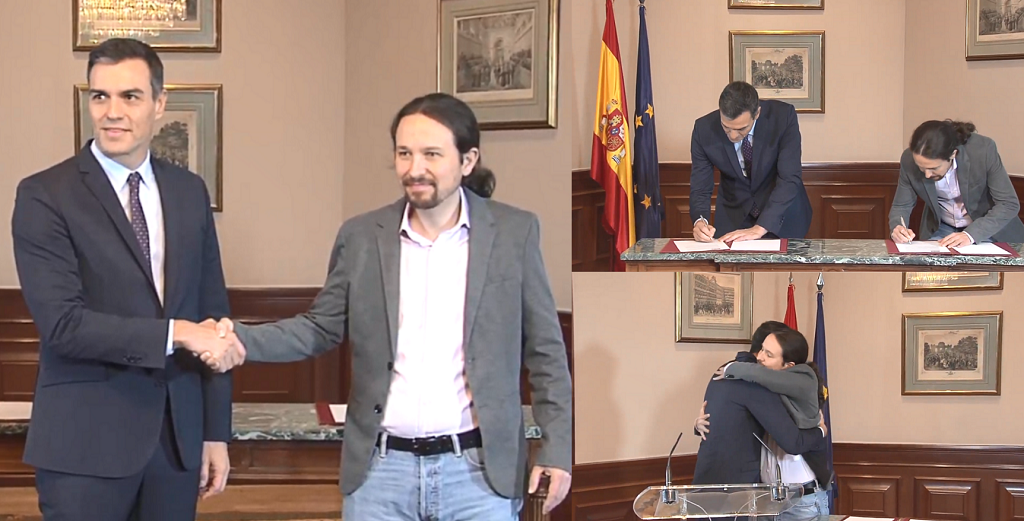 Firma de acuerdo de coaliciu00f3n Podemos PSOE mosaico