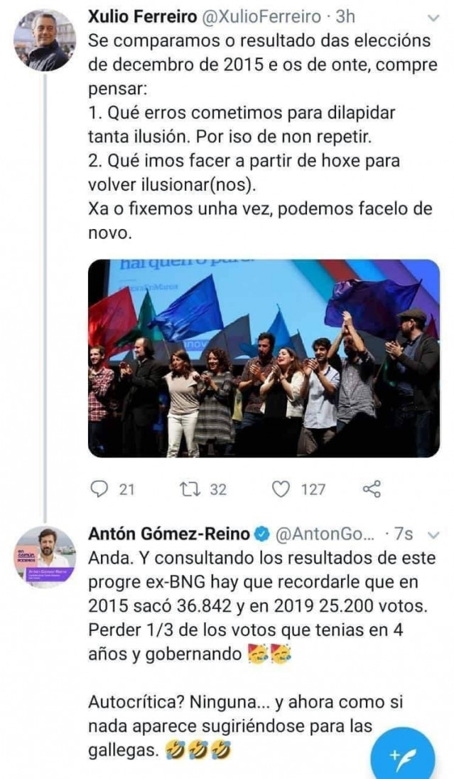 Imagen del mensaje difundido a través de la cuenta de Twitter de Antón Gómez Reino