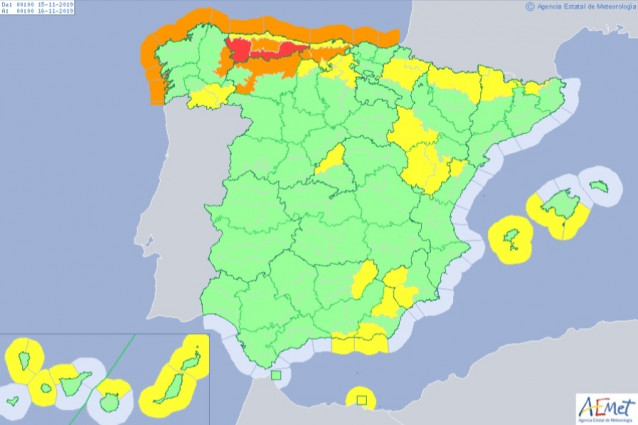 Mapa de España que muestra los avisos de la AEMET para este viernes 15 de noviembre de 2019