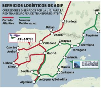 Mapa de los corredores ferroviarios mostrado por un cargo de ADIF