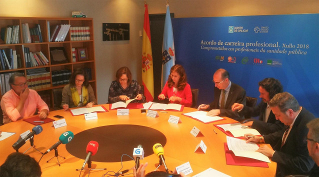 El conselleiro de Sanidade, Jesús Vázquez Almuiña, y representantes de CSIF, CEMS, CIG, UGT y Satse  en la firma del acuerdo sobre la carrera profesional