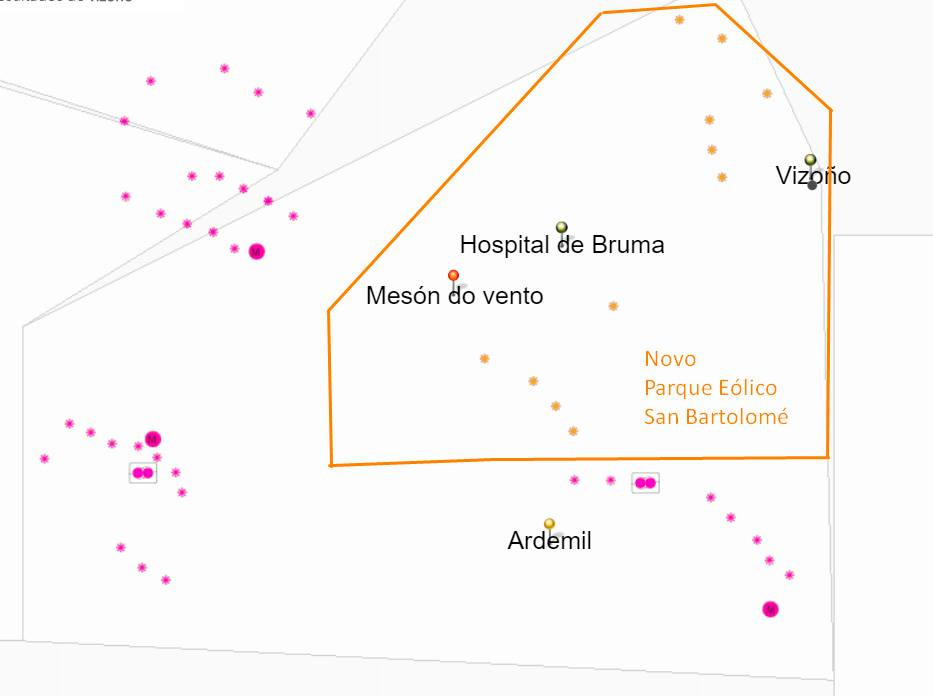 Mapa del proyecto de parque Monte San Bartolomu00e9 en Ordes extrau00eddo de la web de la Xunta, la ubicaciu00f3n de los nuevos molinos estu00e1 en color amarillo