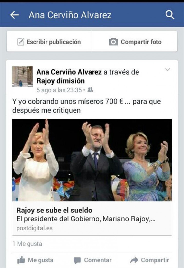 Un post en Facebook da número dous do PP na Cañiza critica a suba de soldo do presidente Rajoy