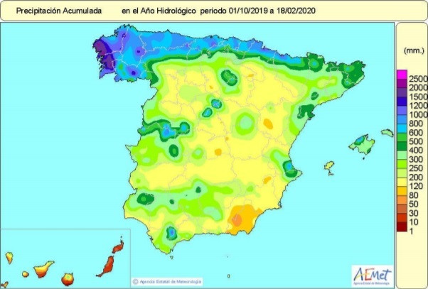 Precipitaciones acumuladas en España desde el pasado 1 de octubre de 2019 hasta el 18 de febrero de 2020