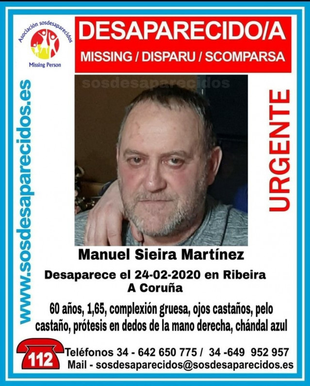 Manuel Sieira Martínez, hombre de 60 años desaparecido en Ribeira (A Coruña).