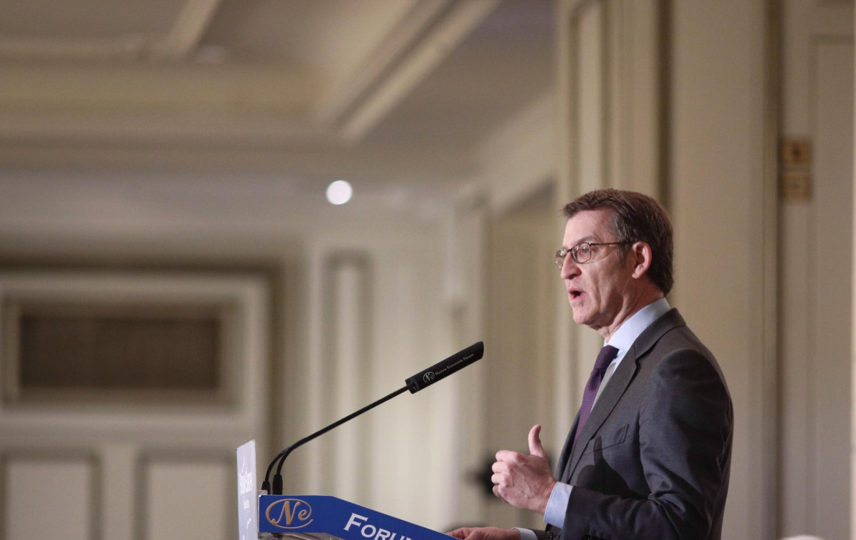 El presidente de la Xunta de Galicia, Alberto Núñez Feijoo, interviene en el Desayuno informativo de Nueva Economía Forum celebrado en Hotel Westin Palace, en Madrid, a 25 de febrero de 2020.