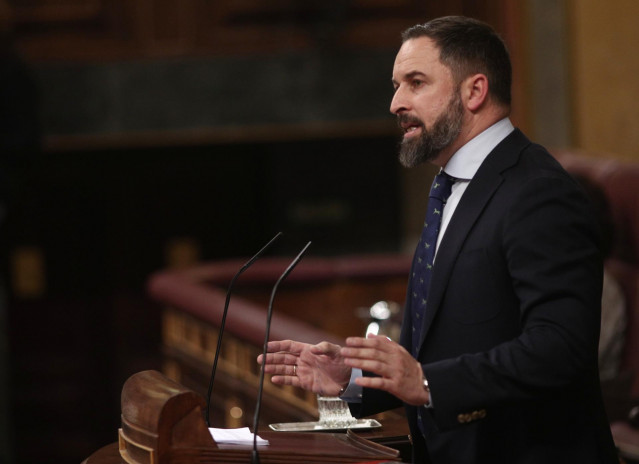 El presidente de Vox, Santiago Abascal,en la tribuna del Congreso