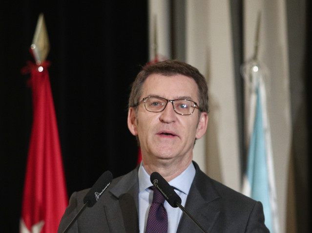 El presidente de la Xunta de Galicia, Alberto Núñez Feijoo, interviene en el Desayuno informativo de Nueva Economía Forum celebrado en Hotel Westin Palace, en Madrid, a 25 de febrero de 2020.