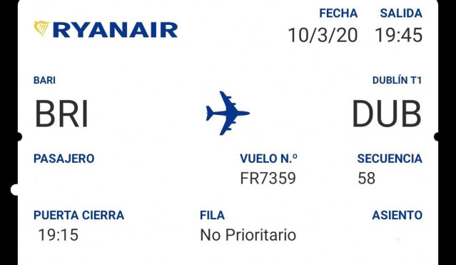 Tarjeta de embarque de un vuelo Bari - Dublín