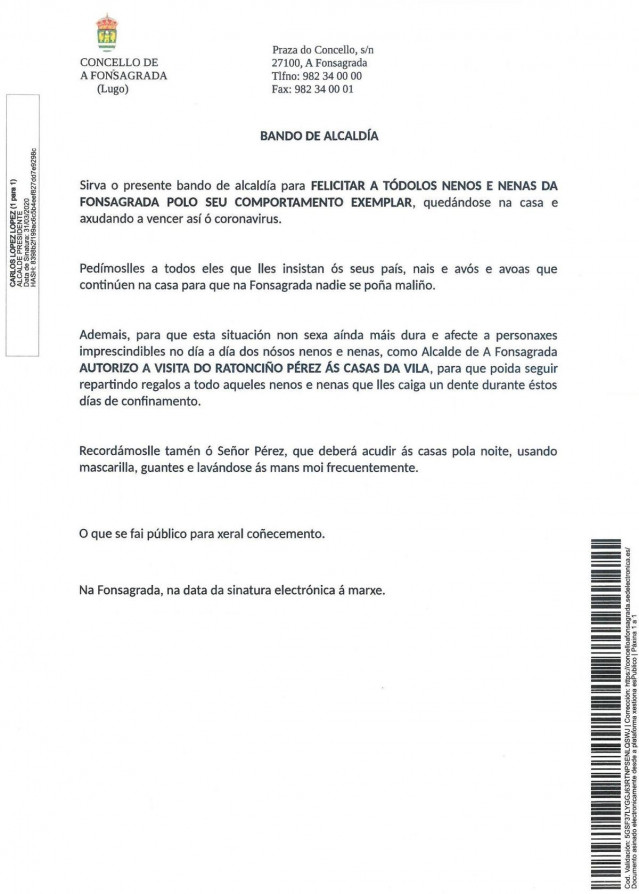Bando del alcalde de A Fonsagrada que autoriza al Ratoncito Pérez a visitar a los niños del municipio