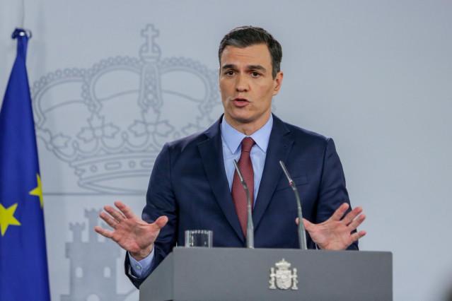 El presidente del Gobierno, Pedro Sánchez, en una intervención en La Moncloa