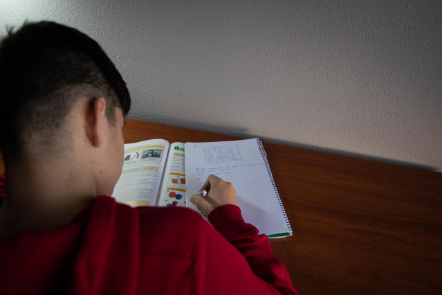 Un adolescente realizando tareas escolares durante el confinamiento
