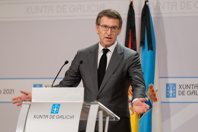 El presidente de la Xunta, Alberto Núñez Feijóo, en la rueda de prensa posterior al Consello.