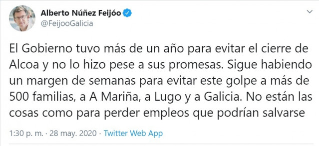Tuit de Feijóo tras el anuncio de Alcoa de despido colectivo en San Cibrao