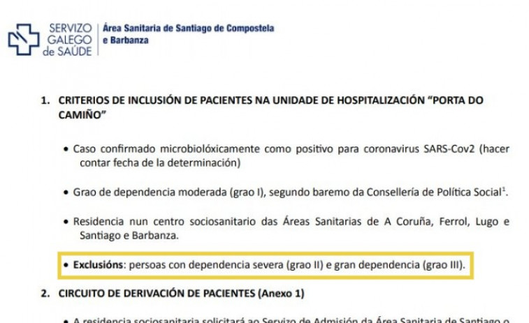 El SERGAS no hospitalizó a ancianos con coronavirus y dependencia severa, muestra un documento oficial filtrado